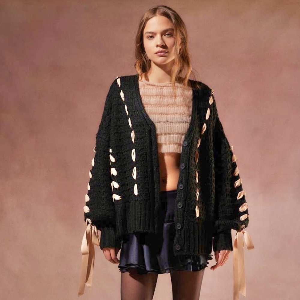 For Love And Lemons Black Cardigan with Cream Accents